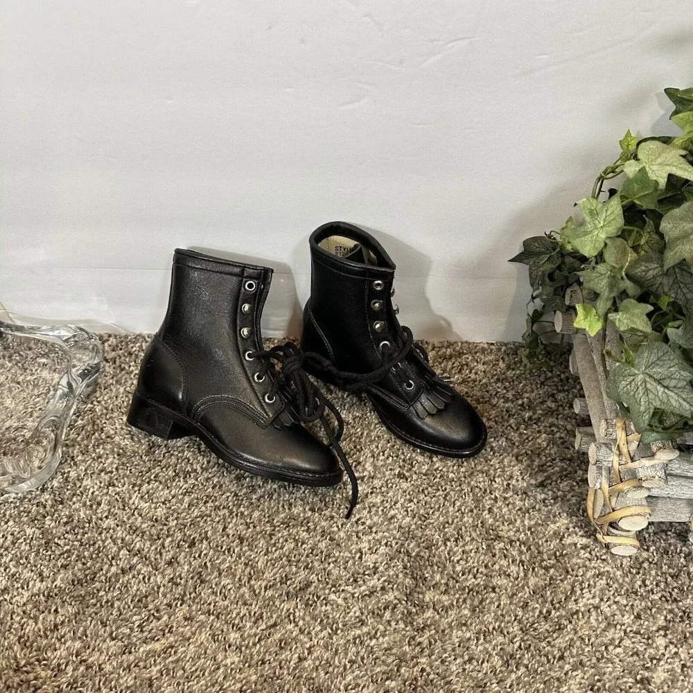 Vintage Kids Black Leather Western cowboy Boots Size 10 kiltie Lace Up new